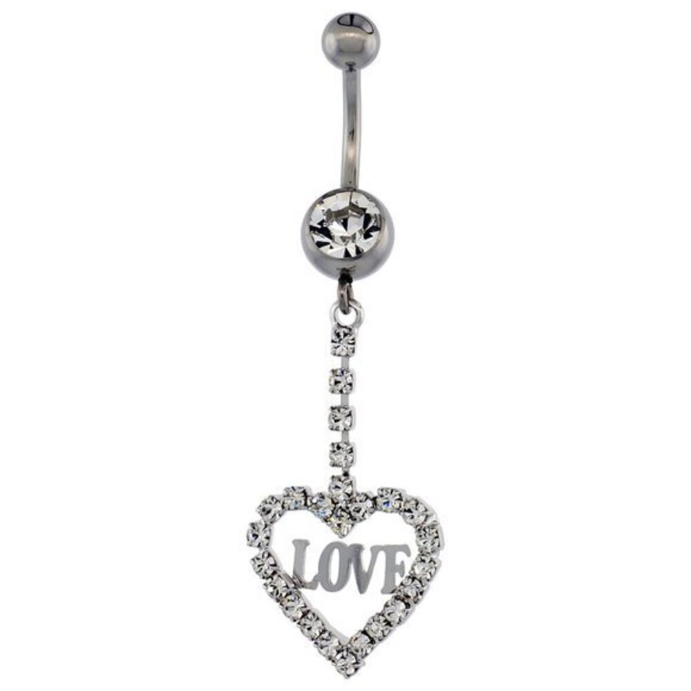 Surgical Steel Barbell Heart LOVE Belly Button Ring w/ Crystals, 1 5/8 inch